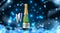 Luxury champagne bottle green color with water drop and ice cubes on dark blue background