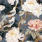 luxury chinoiserie peonies garden with bird with gold foiled art mural painting seamless pattern