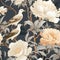 luxury chinoiserie peonies garden with bird with gold foiled art mural painting seamless pattern