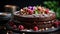 Luxury Chocolate Cake with Chopped Dry Fruits and Dripping Chocolate Syrup Selective Focus Background