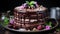 Luxury Chocolate Cake with Chopped Dry Fruits and Dripping Chocolate Syrup Selective Focus Background