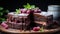 Luxury Chocolate Cake with Chopped Dry Fruits and Dripping Chocolate Syrup Selective Focus Background