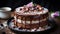 Luxury Chocolate Cake with Chopped Dry Fruits and Dripping Chocolate Syrup Selective Focus Background