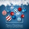 Luxury Christmas design with blue red Christmas balls and Xmas glass ball over blue background. Holiday decoration template.