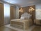 Luxury classic bedroom interior with classic bed, pillows, carpet on the wooden floor, two bedside table, and two mirrors. 3D illu