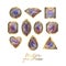Luxury collection of different gemstones, diamond,heart,circle, square, fith golden lines