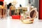 Luxury compact powder on dressing table. Interior element