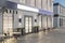 Luxury concrete cafe exterior with terrace furniture and empty white sign at night. Mock up