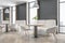 Luxury concrete cafe interior with wooden flooring, furniture and bright city view. Dine in concept.