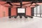 Luxury conference hall interior with panoramic city view, empty white mock up presentation poster and audience chairs. 3D