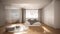 Luxury contemporary bedroom with bathroom, parquet floor, big panoramic window, stained glass, double bed, bathtub, carpet with