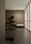 Luxury contemporary Japanese zen hallway interior with sofa, bonsai tree, black marble floor