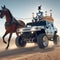 Luxury converted carriage 4x4 american truck driven by butler robot, pulled by horse, deserted road