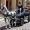 Luxury converted custom carriage from german sedan as travel wagon caravan, driven by robot butler, pulled by brown strong horse,