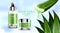 Luxury cosmetic Bottle package skin care cream, Aloe vera cream and spray with splashing liquid through leaves on bokeh glitter ba
