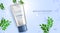 Luxury cosmetic Bottle package skin care cream, Beauty cosmetic product poster, with leaves shadow on wall and blue color backgrou