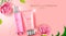 Luxury cosmetic Bottle package skin care cream, Beauty cosmetic product poster, with pink flowers on pink color background