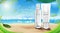 Luxury cosmetic Bottle package skin care cream, Sun screen bottle UV block, Beauty cosmetic product poster, with bokeh beach