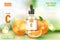 Luxury cosmetic poster ad. Realistic glass serum Bottle on bokeh background with vitamin C and orange. Face skin care