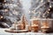 Luxury Cozy warm Christmas background with gift box, ornament decorations and white golden warm tone, happy new year celebration,