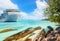 Luxury cruise boat with tropical Seychelles island