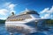 Luxury cruise ship in ocean sea. Cruise vacation getaway. Aerial view of cruise ship. Aboard liner in Mediterranean. Luxury liner