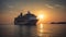 Luxury cruise ship sailing to port on sunrise, generative ai