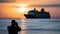 Luxury cruise ship sailing to port on sunrise, generative ai