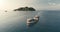 Luxury cruise ships at ocean panorama aerial. Island at nature seascape. Traveling on cruiseliner