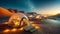 Luxury Desert Glamping in Jordan. Igloo tents in sunset landscape