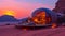 Luxury Desert Glamping in Jordan. Igloo tents in sunset landscape..Warm sunset lighting on a luxury desert dome resort.Igloo