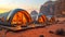 Luxury Desert Glamping in Jordan. Igloo tents in sunset landscape..Warm sunset lighting on a luxury desert dome resort.Igloo