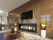 Luxury designer lobby hotel with a fireplace and a TV set built into a glossy wooden wall with a pot on the sides