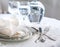 Luxury dinner set with silverware, elegant porcelain dishes, cry