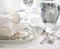 Luxury dinner set with silverware, elegant porcelain dishes, cry