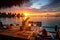 Luxury dinner on table waiting for guest at sunset in luxury vacation resort at beach. Summer tropical vacation concept.