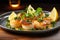 Luxury dish - grilled scallops with creamy espuma. Roasted scallop with cream sauce on plate. Delicacy seafood in