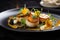 Luxury dish - grilled scallops with creamy espuma. Roasted scallop with cream sauce on plate. Delicacy seafood in