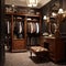 Luxury dressing room for man, 3d render. Luxury men\\\'s dressing room from dark wood in classic style. Modern dressing room