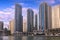 Luxury Dubai Marina skyscrapers panorama on sunset sunrise.