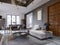 Luxury duplex loft-style apartment, contemporary furniture and brick walls with designer fireplace in the interior, interior