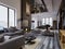 Luxury duplex loft-style apartment, contemporary furniture and brick walls with designer fireplace in the interior, interior