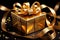 Luxury elegant gift box present, fancy decoration golden bow black background