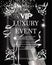 Luxury event invitation shiny banner WITH silver TEXTURED SERPENTINE, GLASSES AND BOTTLE OF CHAMPAGNE.