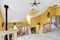 Luxury farm house interior with hight vaulted ceiling. View from