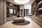 Luxury and fashionable interior of modern dressing room with wardrobe and mirror. Luxury men\\\'s dressing room, grey furniture