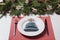 Luxury festive place setting with beautiful decor for Christmas dinner on white wooden table