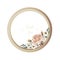 Luxury floral greeting card with orange, white, brown and yellow flowers on white background and wooden circle frame