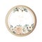 Luxury floral greeting card with orange, white, brown and yellow flowers on white background and wooden circle frame