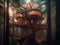 A luxury futuristic art treehouse village in the redwood forest at dawn. Generative AI